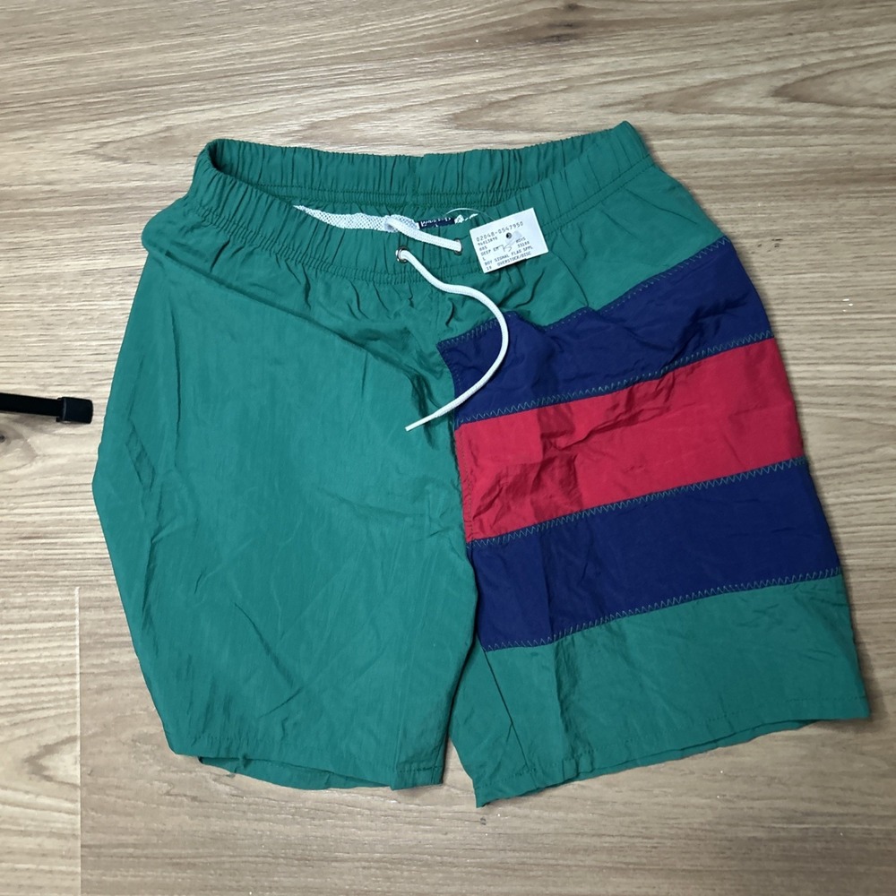 NWT Vintage Lands' End Swim Trunks Large Boys USA Made Colorblock Nylon Shorts